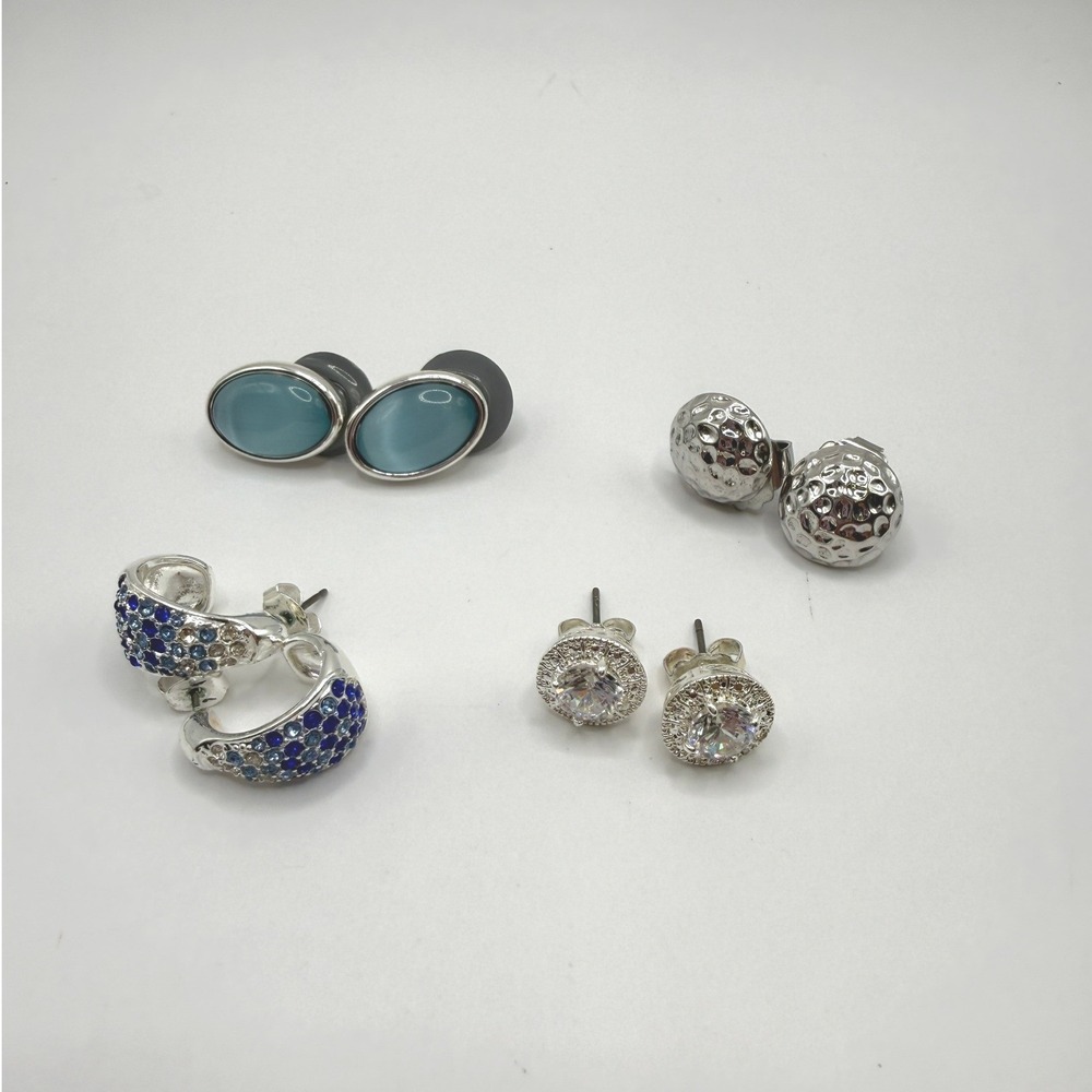 Modern Eclectic Silver Tone Blue Rhinestone Stud Hoop Earring Bundle Lot of 4